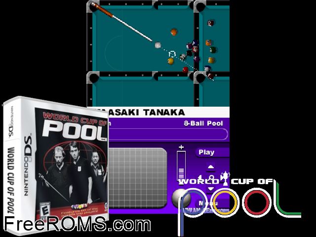 World Cup of Pool Europe NDS game showing 3D box cover and gameplay screenshot