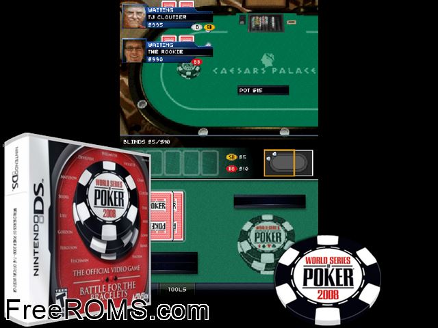 World Series of Poker 2008 - Battle for the Bracelets NDS game showing 3D box cover and gameplay screenshot