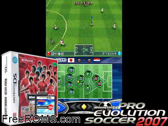 World Soccer - Winning Eleven DS NDS game showing 3D box cover and gameplay screenshot