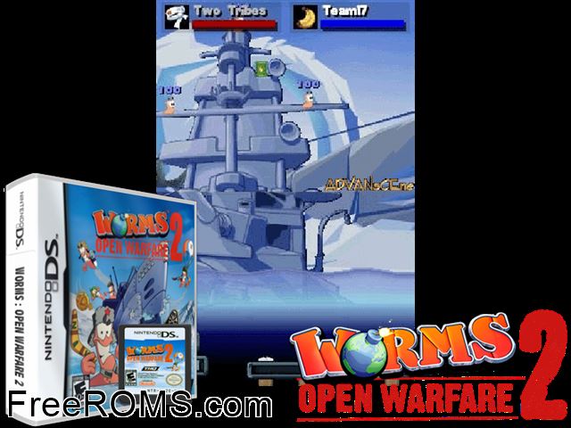 Worms - Open Warfare 2 NDS game showing 3D box cover and gameplay screenshot