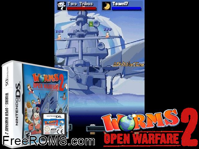 Worms - Open Warfare 2 Europe NDS game showing 3D box cover and gameplay screenshot