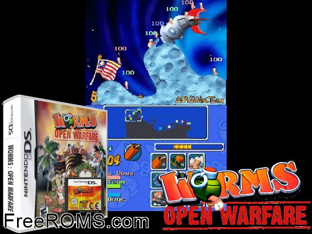 Worms - Open Warfare Europe NDS game showing 3D box cover and gameplay screenshot