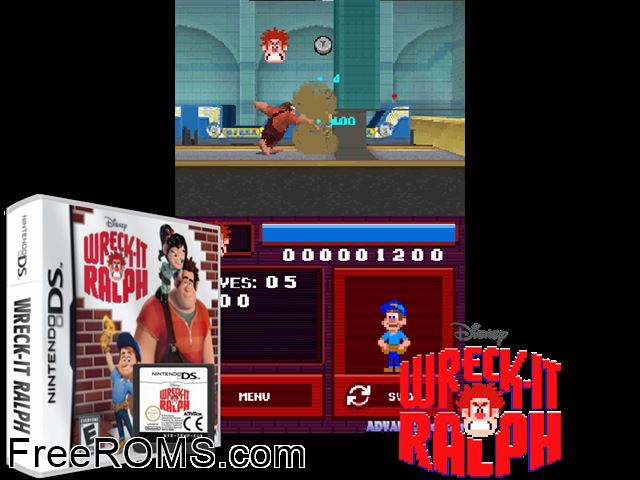 Wreck-It Ralph NDS game showing 3D box cover and gameplay screenshot
