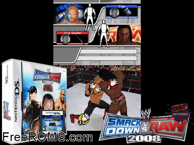 WWE SmackDown! vs. Raw 2008 Europe NDS game showing 3D box cover and gameplay screenshot