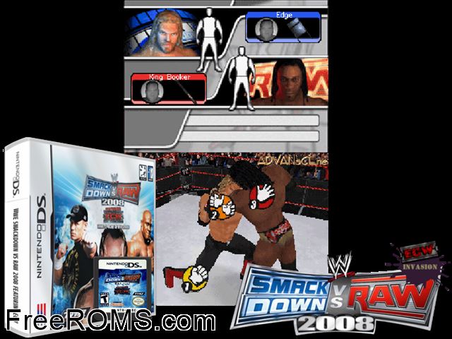 WWE SmackDown! vs. Raw 2008 featuring ECW NDS game showing 3D box cover and gameplay screenshot