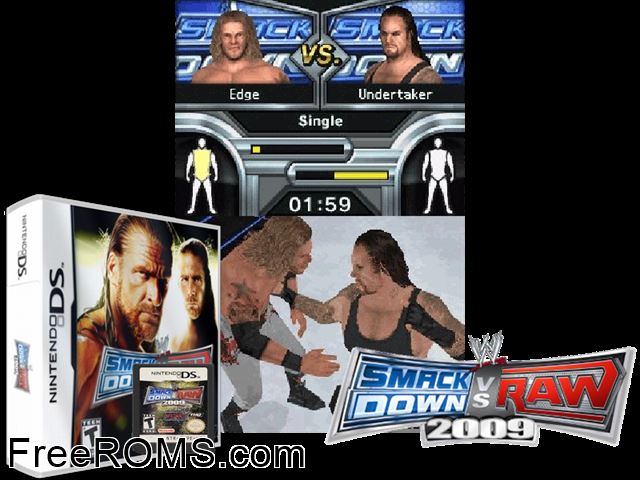 WWE SmackDown vs Raw 2009 featuring ECW Europe NDS game showing 3D box cover and gameplay screenshot