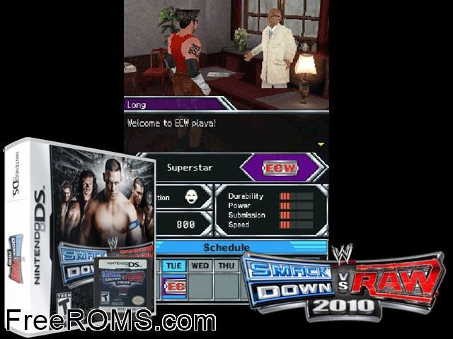 WWE SmackDown vs Raw 2010 featuring ECW Europe NDS game showing 3D box cover and gameplay screenshot