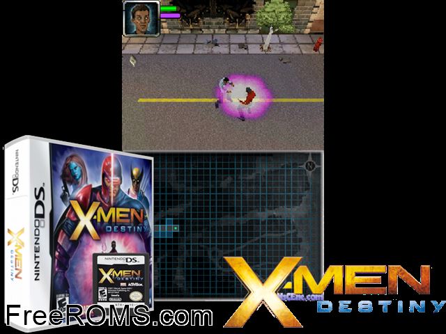 X-Men - Destiny NDS game showing 3D box cover and gameplay screenshot