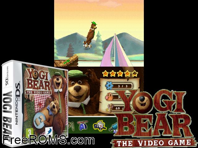 Yogi Bear Europe NDS game showing 3D box cover and gameplay screenshot