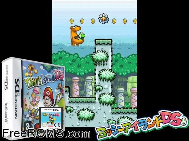 Yoshis Island DS NDS game showing 3D box cover and gameplay screenshot