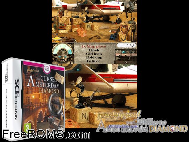 Youda Legend - The Curse of the Amsterdam Diamond Europe NDS game showing 3D box cover and gameplay screenshot