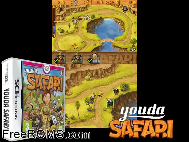 Youda Safari Europe NDS game showing 3D box cover and gameplay screenshot