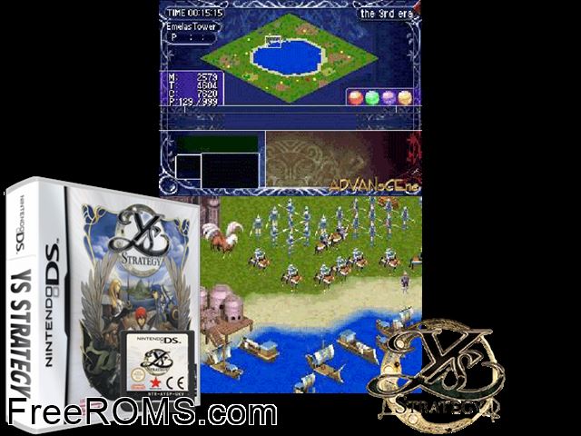 Ys Strategy Europe NDS game showing 3D box cover and gameplay screenshot