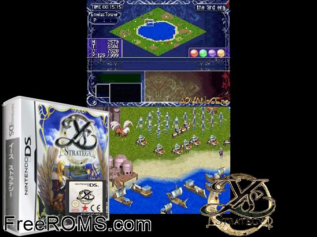 Ys Strategy Japan NDS game showing 3D box cover and gameplay screenshot
