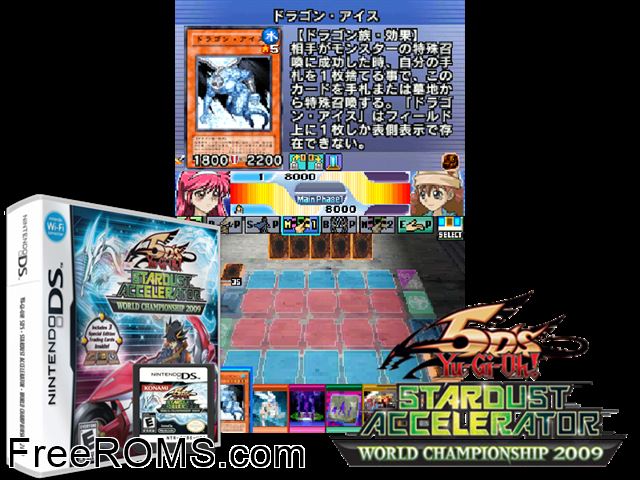 Yu-Gi-Oh! 5Ds - Stardust Accelerator - World Championship 2009 Europe NDS game showing 3D box cover and gameplay screenshot