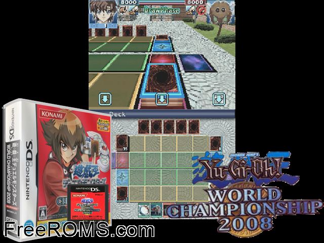Yu-Gi-Oh! Duel Monsters - World Championship 2008 Japan NDS game showing 3D box cover and gameplay screenshot
