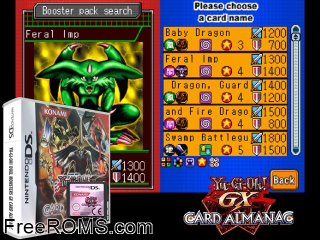 Yu-Gi-Oh! Duel Monsters GX Card Almanac Europe NDS game showing 3D box cover and gameplay screenshot