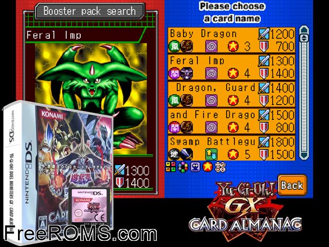 Yu-Gi-Oh! Duel Monsters GX Card Almanac Japan NDS game showing 3D box cover and gameplay screenshot