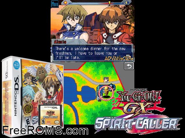 Yu-Gi-Oh! GX - Spirit Caller NDS game showing 3D box cover and gameplay screenshot