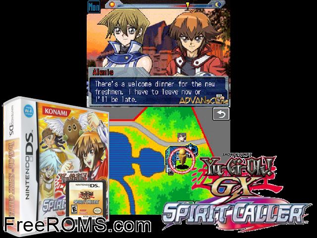 Yu-Gi-Oh! GX - Spirit Caller Europe NDS game showing 3D box cover and gameplay screenshot