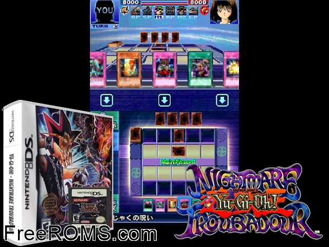 Yu-Gi-Oh! Nightmare Troubadour NDS game showing 3D box cover and gameplay screenshot