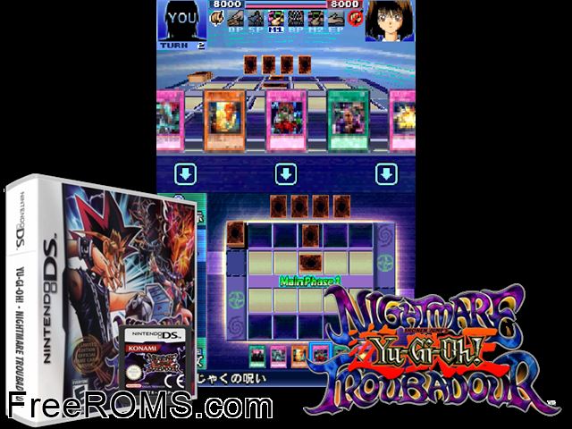 Yu-Gi-Oh! Nightmare Troubadour Europe NDS game showing 3D box cover and gameplay screenshot