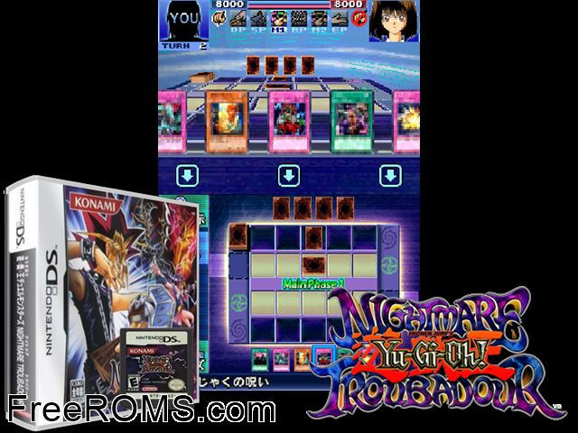 Yu-Gi-Oh! Nightmare Troubadour Japan NDS game showing 3D box cover and gameplay screenshot