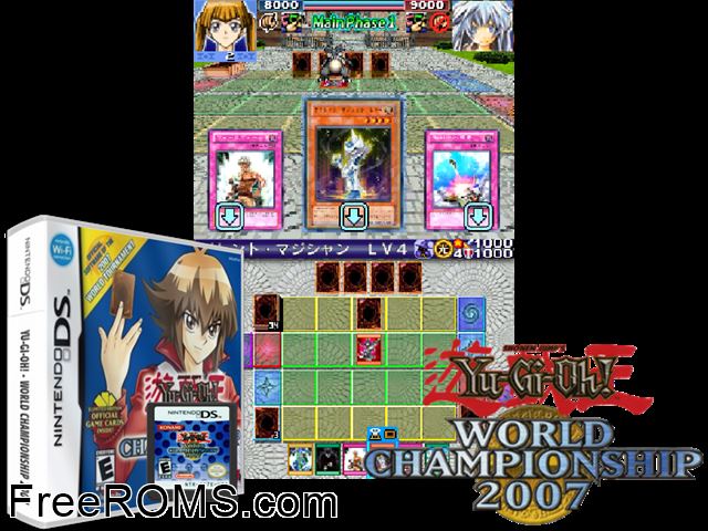 Yu-Gi-Oh! World Championship 2007 Europe NDS game showing 3D box cover and gameplay screenshot