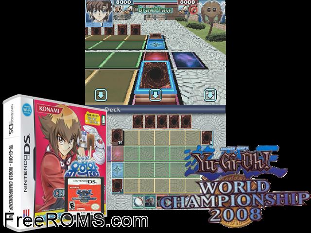 Yu-Gi-Oh! World Championship 2008 NDS game showing 3D box cover and gameplay screenshot