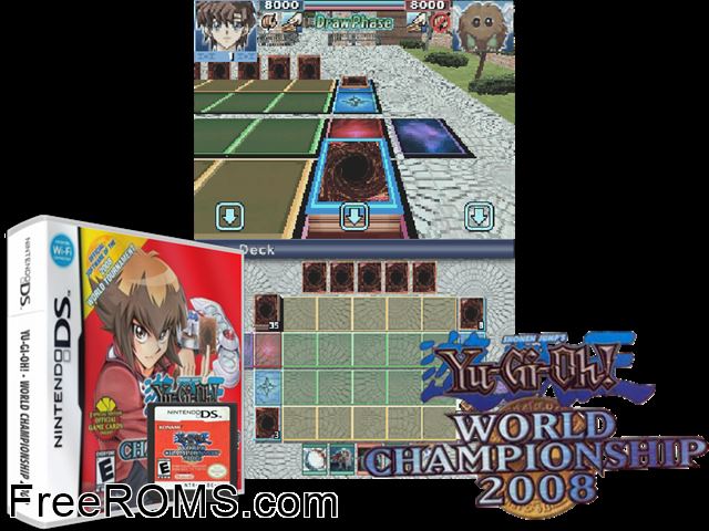 Yu-Gi-Oh! World Championship 2008 Europe NDS game showing 3D box cover and gameplay screenshot