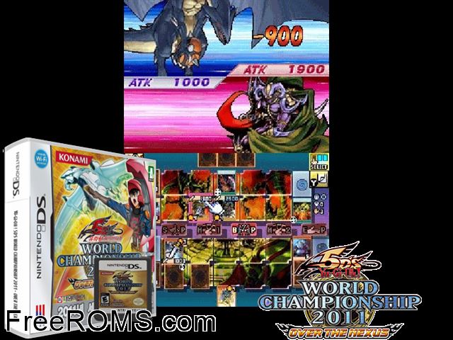 Yu-Gi-Oh 5Ds World Championship 2011 - Over the Nexus Korea NDS game showing 3D box cover and gameplay screenshot