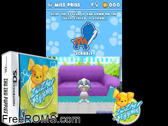Zhu Zhu Puppies NDS game showing 3D box cover and gameplay screenshot