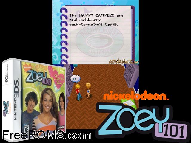 Zoey 101 - Field Trip Fiasco NDS game showing 3D box cover and gameplay screenshot