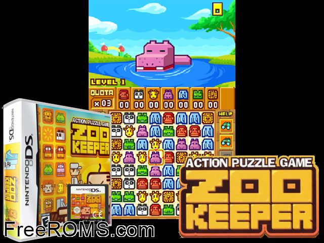 Zoo Keeper Europe NDS game showing 3D box cover and gameplay screenshot