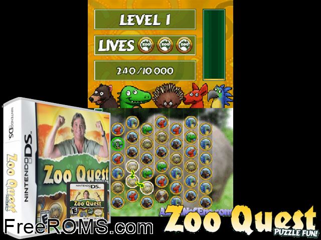 Zoo Quest - Puzzle Fun! Europe NDS game showing 3D box cover and gameplay screenshot