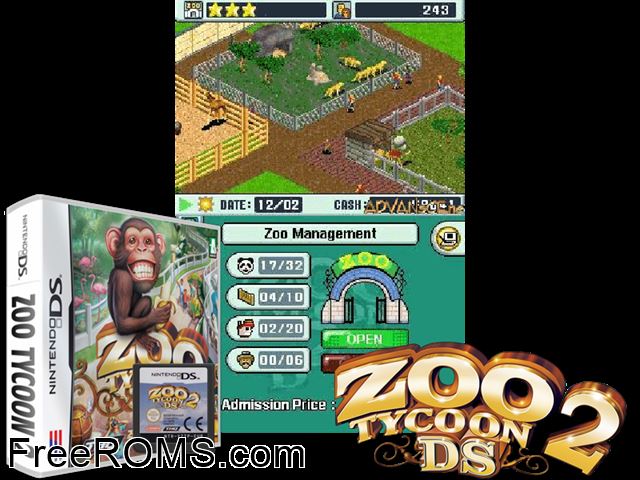 Zoo Tycoon 2 NDS game showing 3D box cover and gameplay screenshot