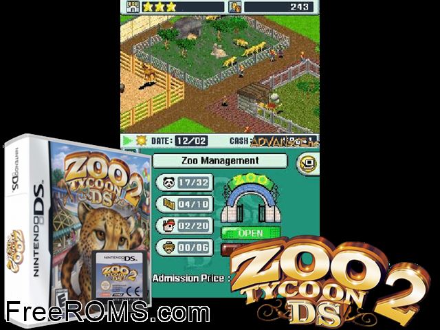 Zoo Tycoon 2 DS Europe NDS game showing 3D box cover and gameplay screenshot