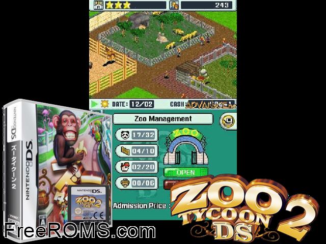 Zoo Tycoon 2 Japan NDS game showing 3D box cover and gameplay screenshot