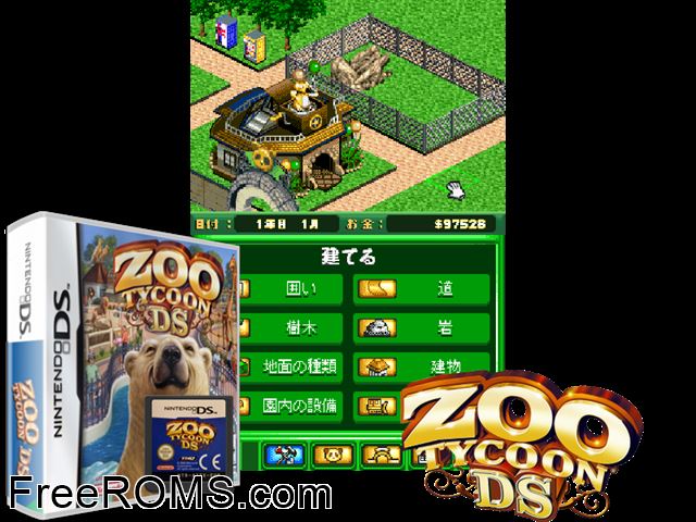 Zoo Tycoon DS Europe NDS game showing 3D box cover and gameplay screenshot