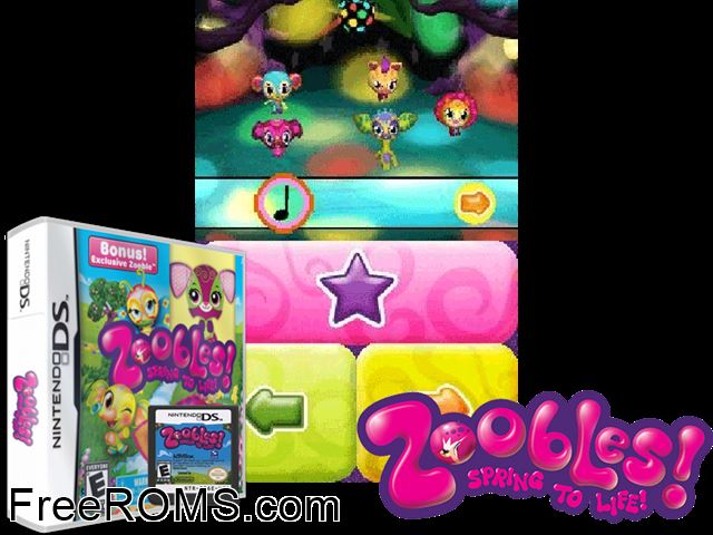 Zoobles Spring to Life NDS game showing 3D box cover and gameplay screenshot