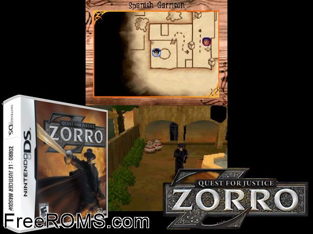Zorro - Quest for Justice Europe NDS game showing 3D box cover and gameplay screenshot
