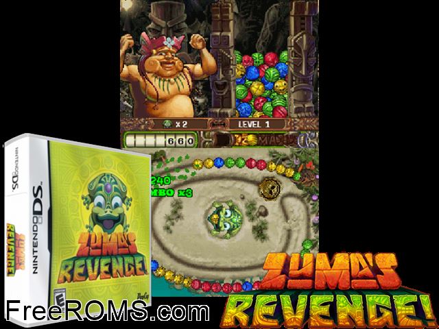 Zumas Revenge NDS game showing 3D box cover and gameplay screenshot