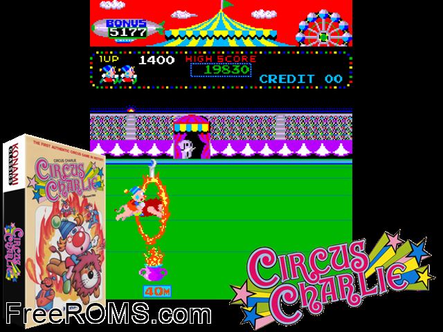 Circus Charlie NES game showing 3D box cover and gameplay screenshot