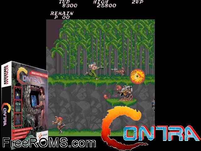 Contra NES game showing 3D box cover and gameplay screenshot