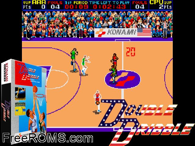 Double Dribble NES game showing 3D box cover and gameplay screenshot