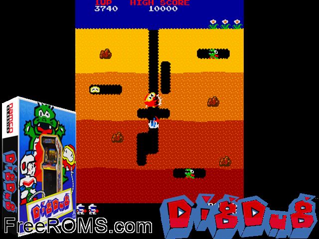 Dig Dug NES game showing 3D box cover and gameplay screenshot