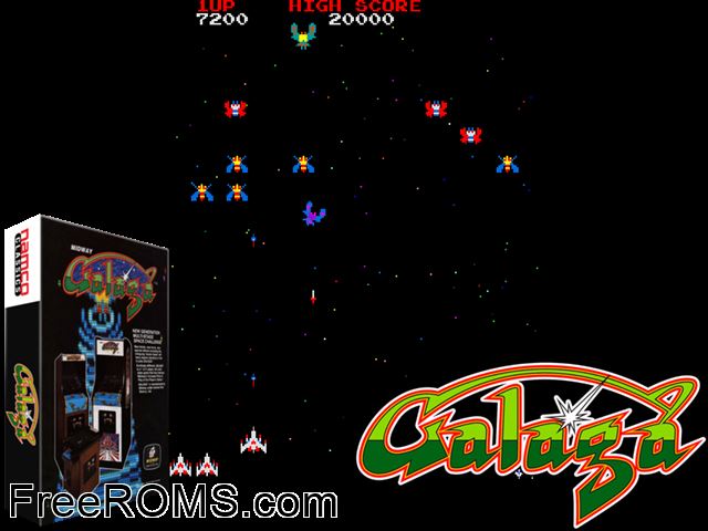 Galaga NES game showing 3D box cover and gameplay screenshot