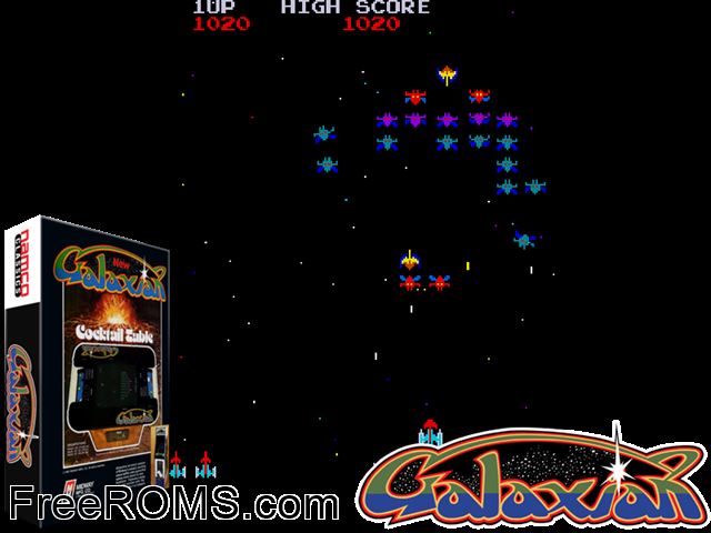 Galaxian NES game showing 3D box cover and gameplay screenshot