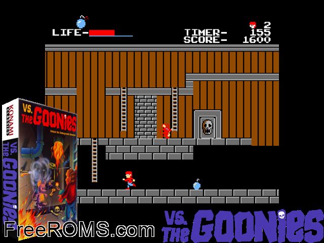 Goonies NES game showing 3D box cover and gameplay screenshot
