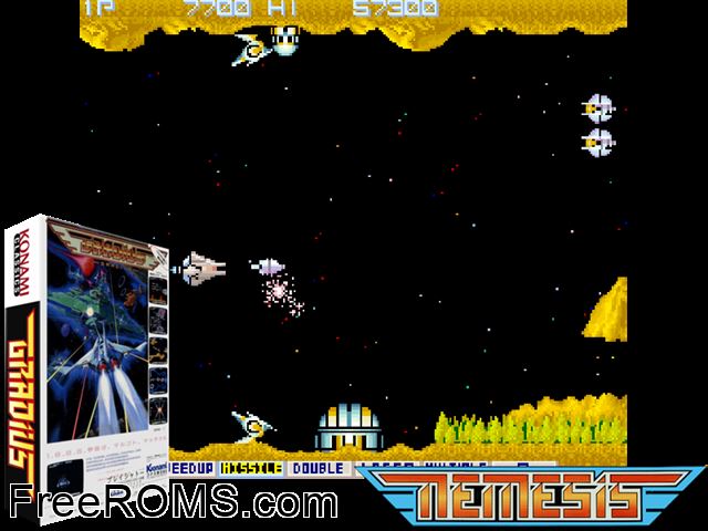 Gradius NES game showing 3D box cover and gameplay screenshot